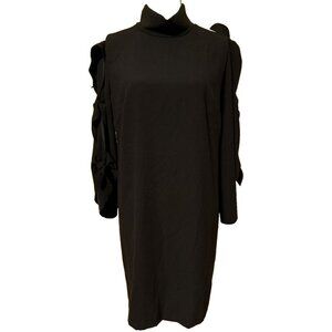 Alex Marie Skyler Black Gold Long Back Zipper Dress Size 8 Mock Neck Lined Bows